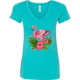 thumbnail image 3 of Inktastic Flamingo with Tropical Flowers Women's V-Neck T-Shirt, 3 of 5