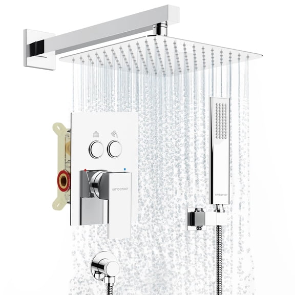 EMBATHER Rainfall Shower System Faucet Set, Handheld Wall-Mounted Shower Head with Push Button Diverter, 10 inch, Bathroom & Bathtub, Chrome