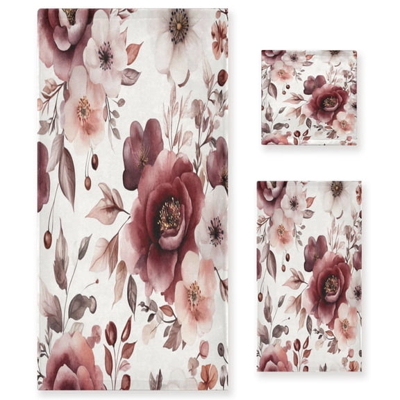 Three-Piece Towel Set Face Towel Towel Set Hand Towel Bath Towel Cotton Bath Towels Bath Towel Sets Hand Bath Towels Cartoon Maroon Flowers