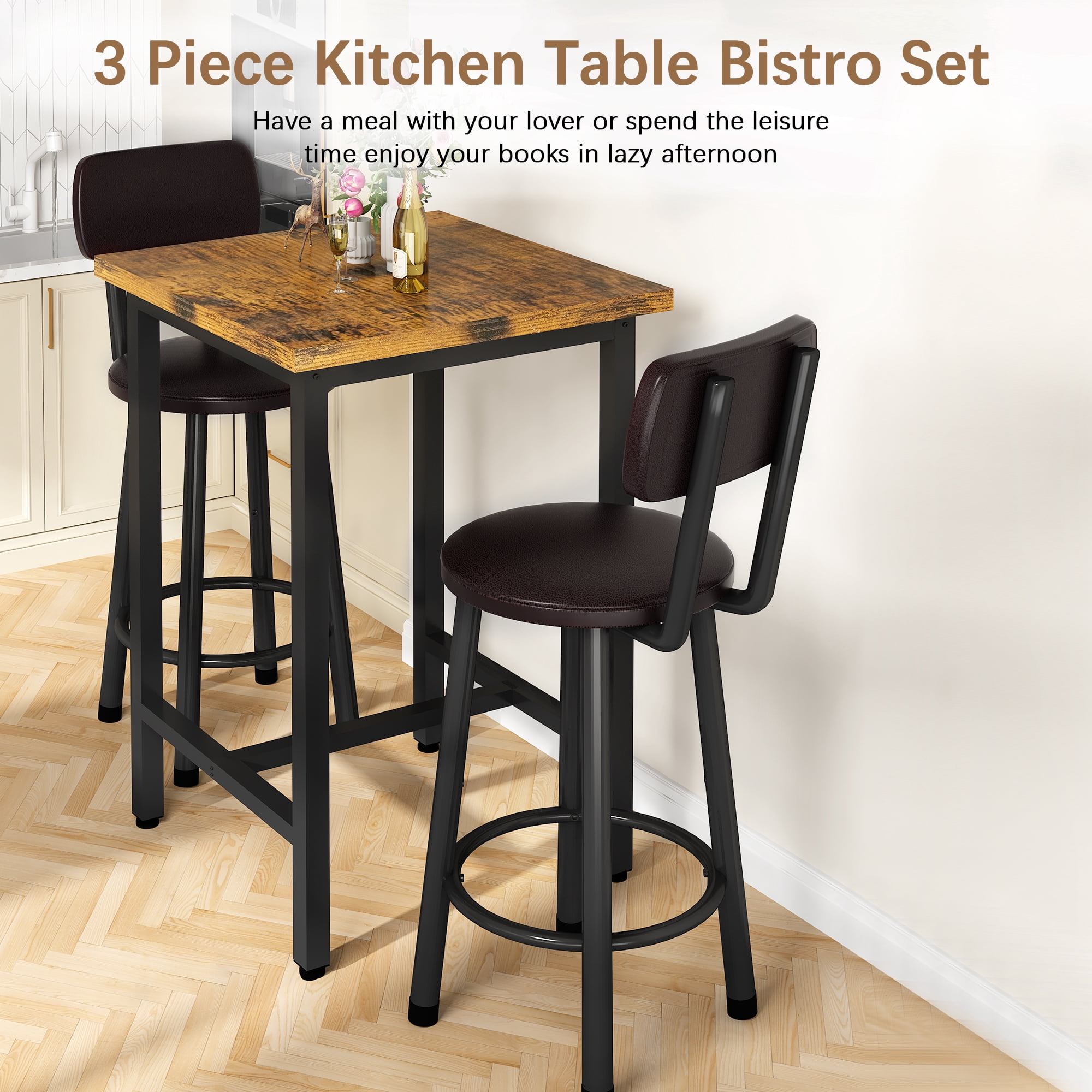MIERES Dining Set, 2-Person Kitchen Dining Set, Solid Wood Dining Table with Two Chairs, Square Kitchen Dining Set (3-Piece), Brown
