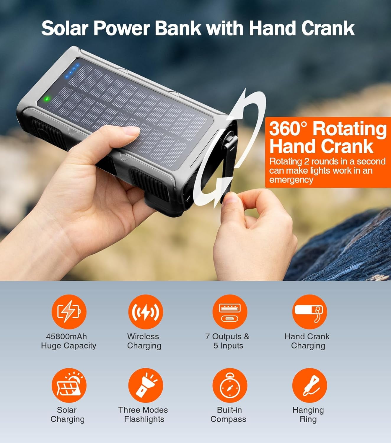 45800mAh Solar Power Bank, Portable Charger with USB-C Input/Output, 5V/3.1A QC 3.0 Fast Charging, Compatible with iPhone, Samsung, Google, and More（Silver）