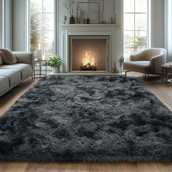 Shaggy Area Rugs, Fuzzy Rugs for Living Room, Soft Nursery Area Rug for Girls, Tie Dye Black Gray Plush Area Rugs Non Slip, Fluffy Rug Carpet 8x10ft