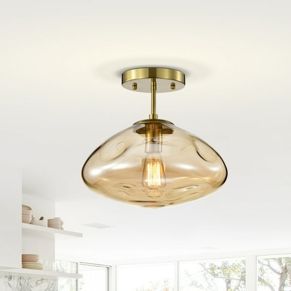 Einar 13.8 in. 1-Light Indoor Brass Finish Semi-Flush Mount Ceiling Light with Light Kit