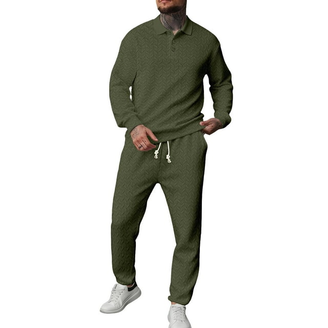Men's 2 Piece Plaid Jacquard Track Suit - Quarter Button Polo Sweatshirt & Jogger Pants Set,Army Green,3X-Large