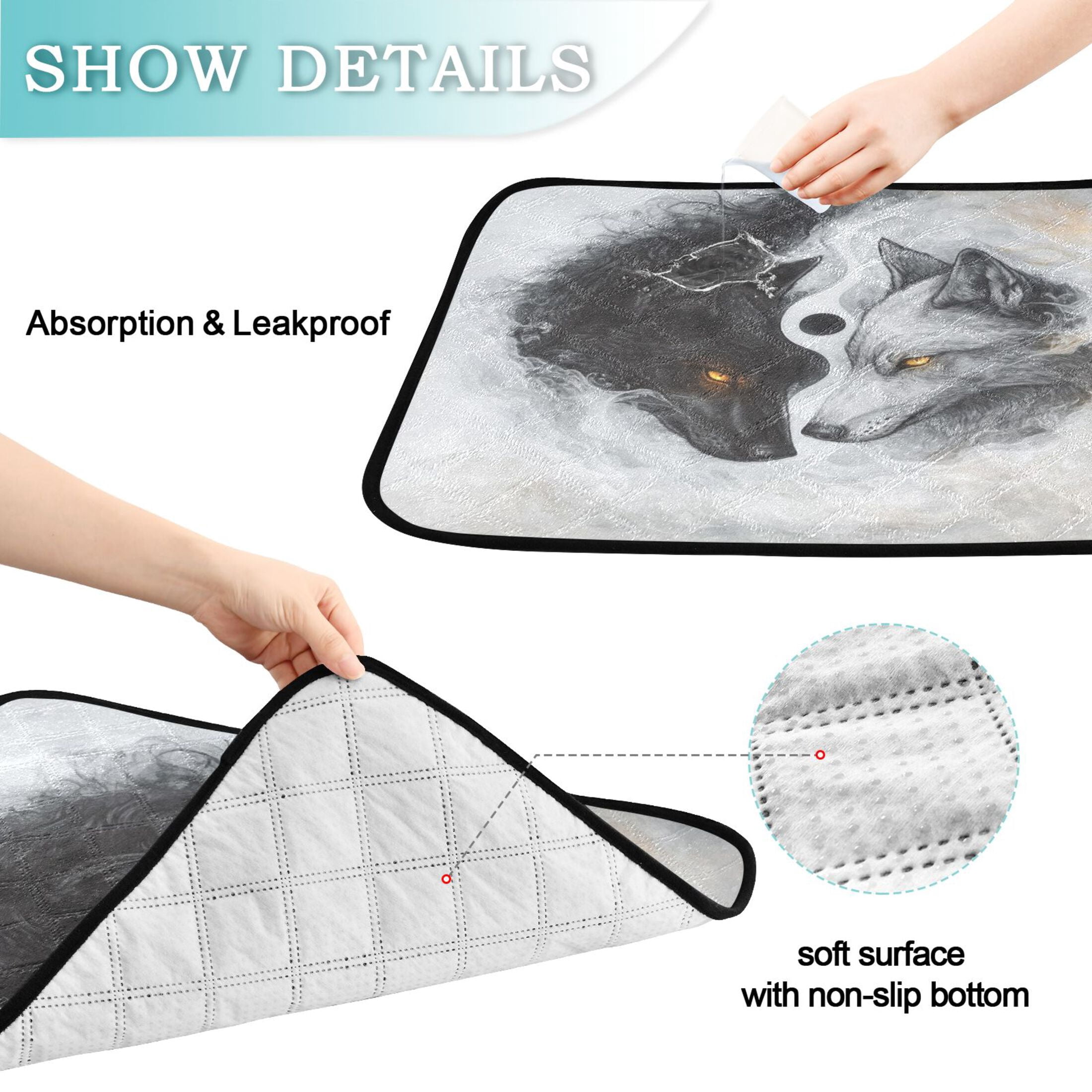 Qxltty Black White Wolf Pattern Cat litter Pads Pet Set of 3 Diaper Mats Center Anti-leakage Layer Absorbent Soft and Comfortable
