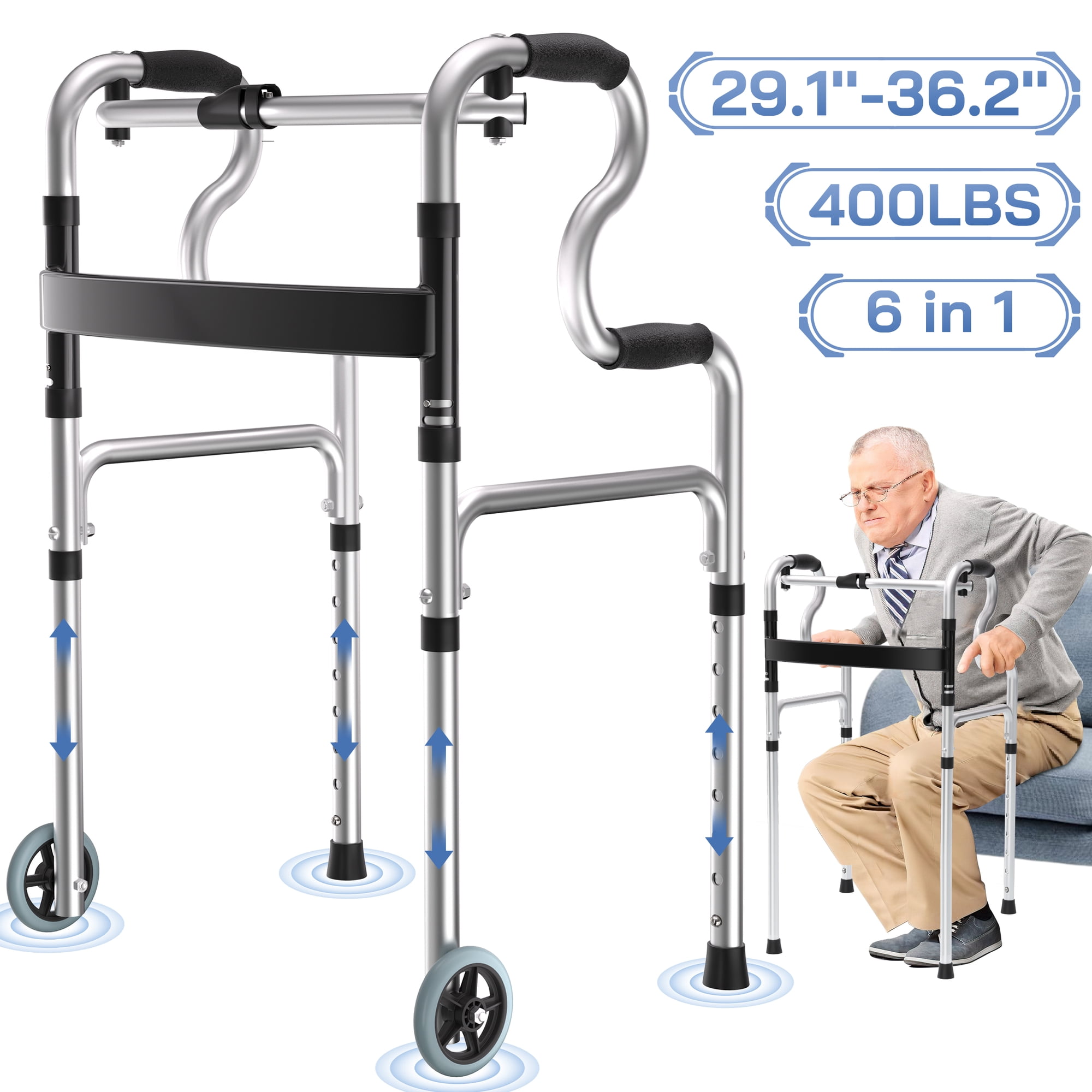 RELOIVE 3-in-1 Folding Rolling Walker with 5" Wheels | Adjustable Height (29.1"-36.2") for Seniors & Adults | Lightweight Foldable Walker | Supports up to 400 lbs