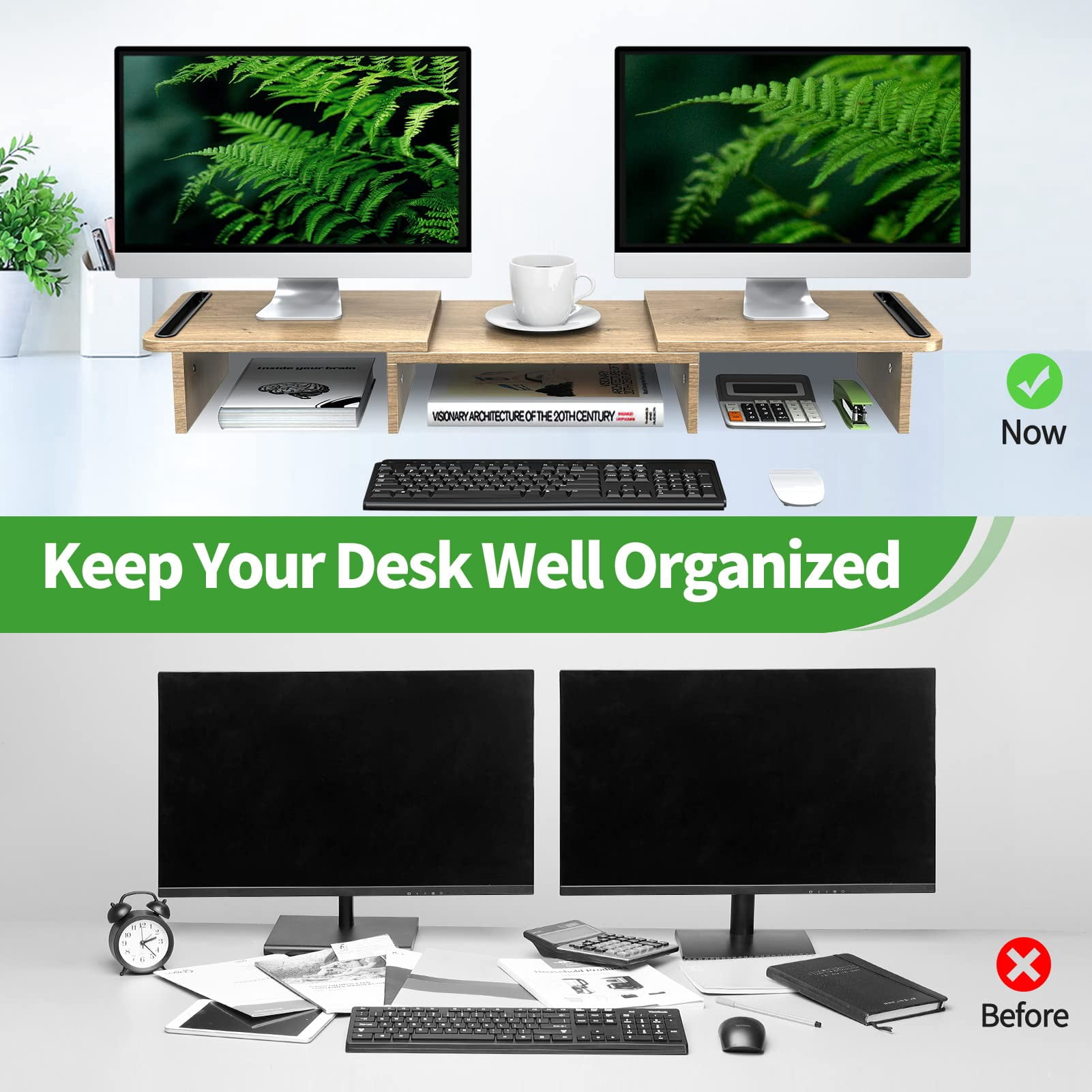 Dual Monitor Stand Riser  With Adjustable Length And Angle Wood For Desk 2 Monitors Storage Space