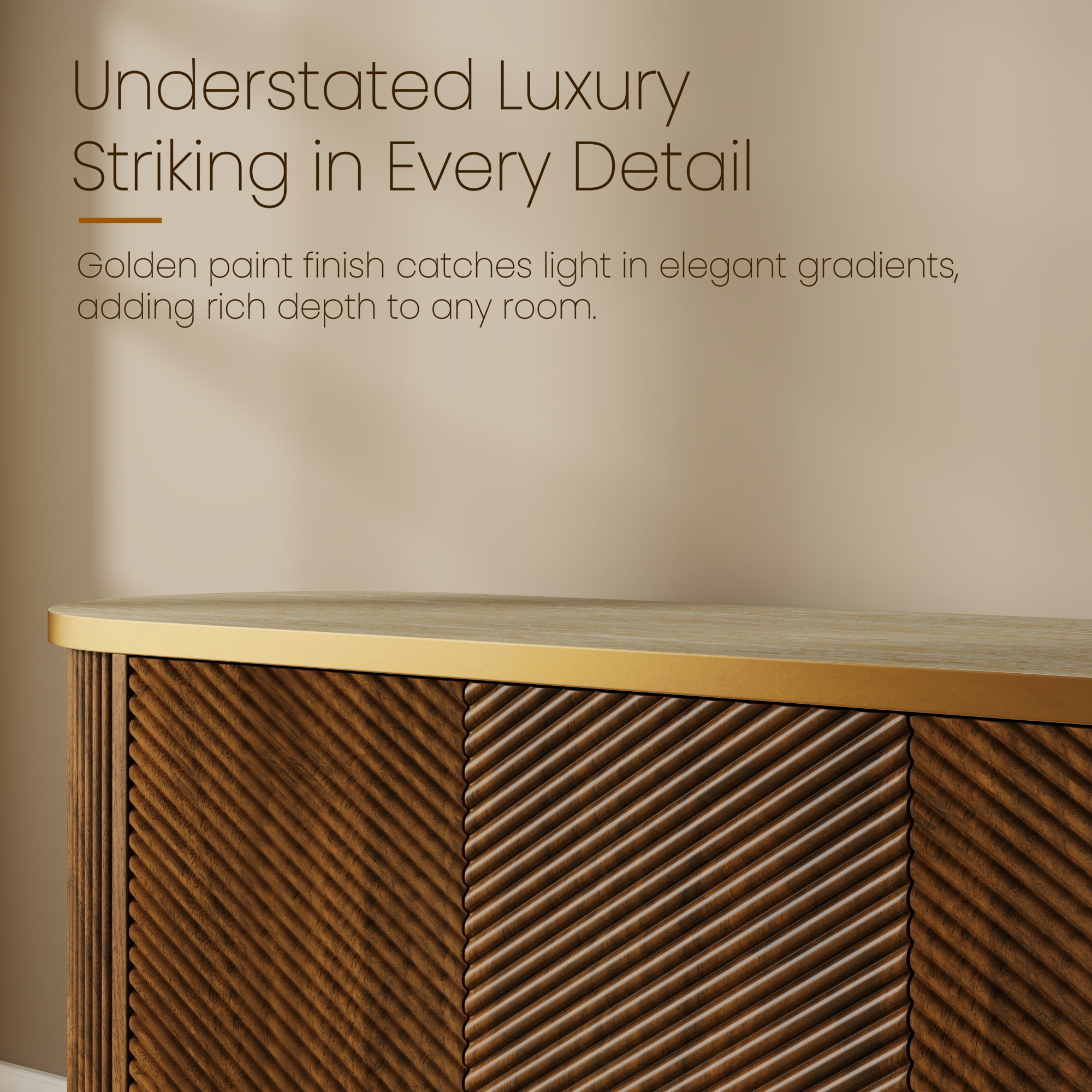 Leumius 63" Diagonal Fluted Sideboard Cabinet with Storage, 4-Door Walnut Buffet Credenza TV Stand with Gold Trim, Modern Cabinet for Dining Room, Living Room,Walnut