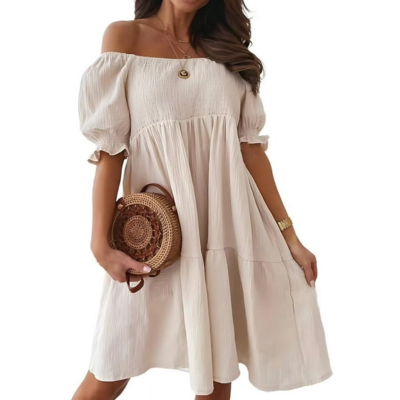 Women'S Summer Lantern Sleeves Ruffled Off Shoulder A-Line Dresses S