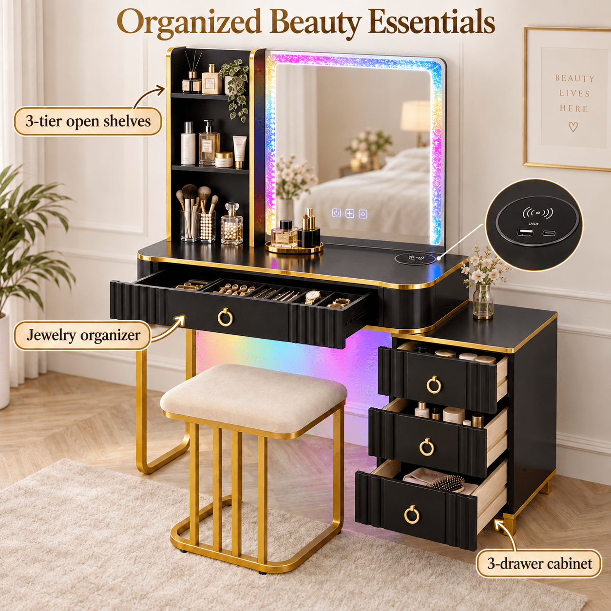 Furnibear Vanity Table Set with RGB LED Lights, Makeup Vanity Desk with Wireless Charging Station, Storage Shelves, Cabinet and Cushioned Stool, Black