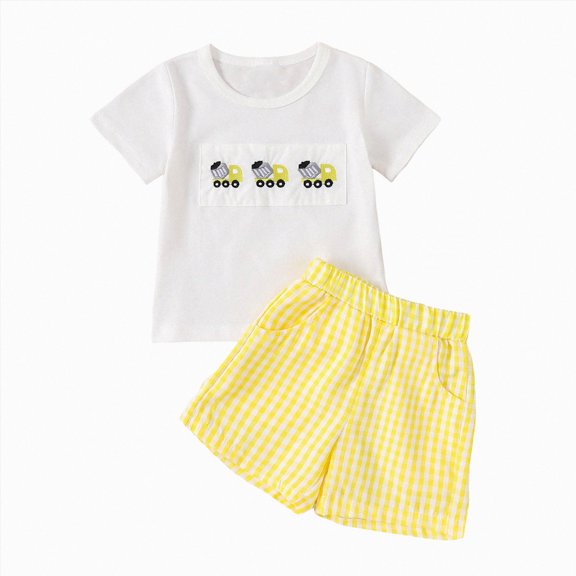 Baby Boy Summer Clothes Cute Embroidery Short Sleeve T-Shirt and Plaid Shorts Infant Smocked Outfit Set