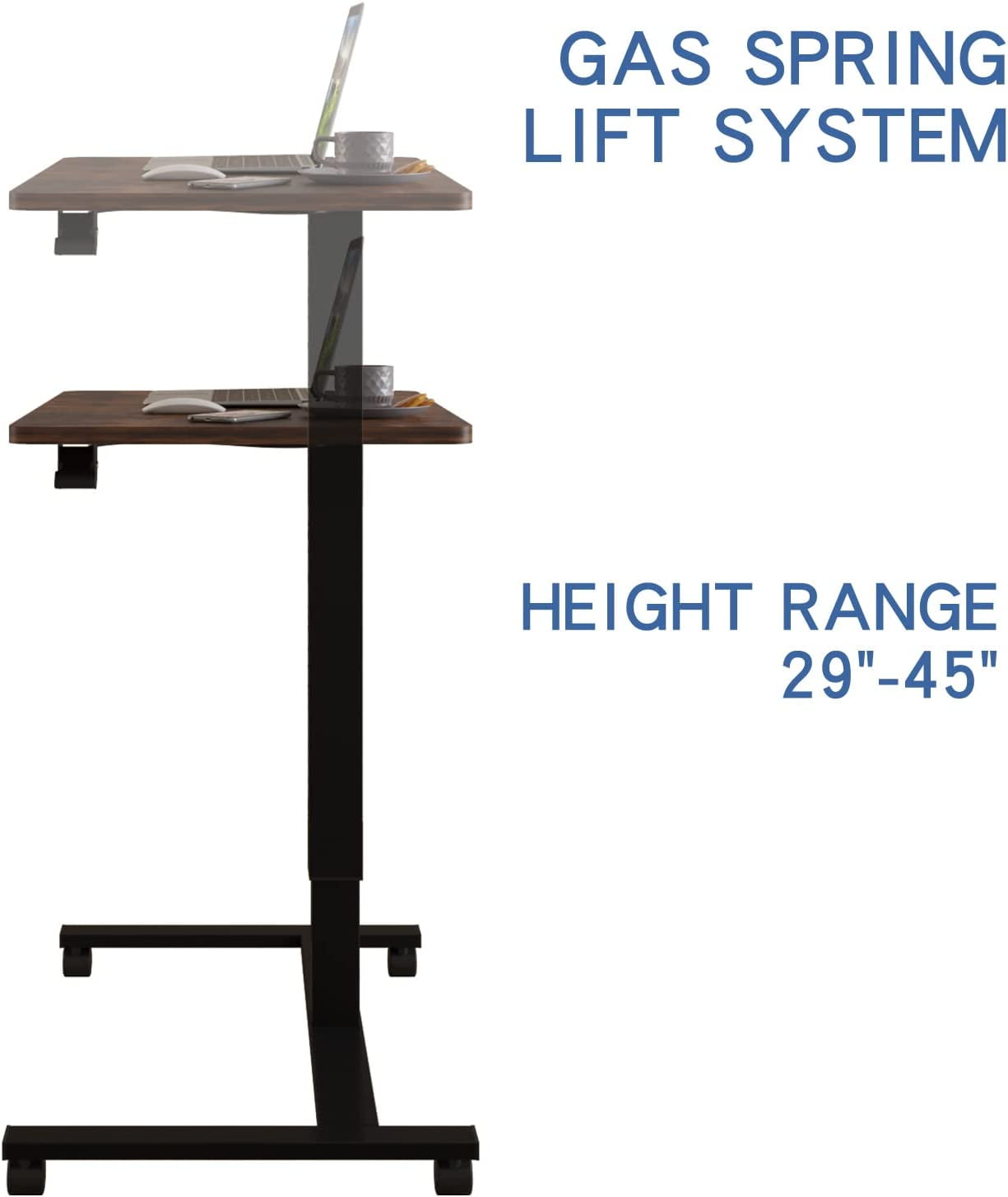 Pneumatic Mobile Desk, GasSpring Height Adjustable Sit to Stand Desk