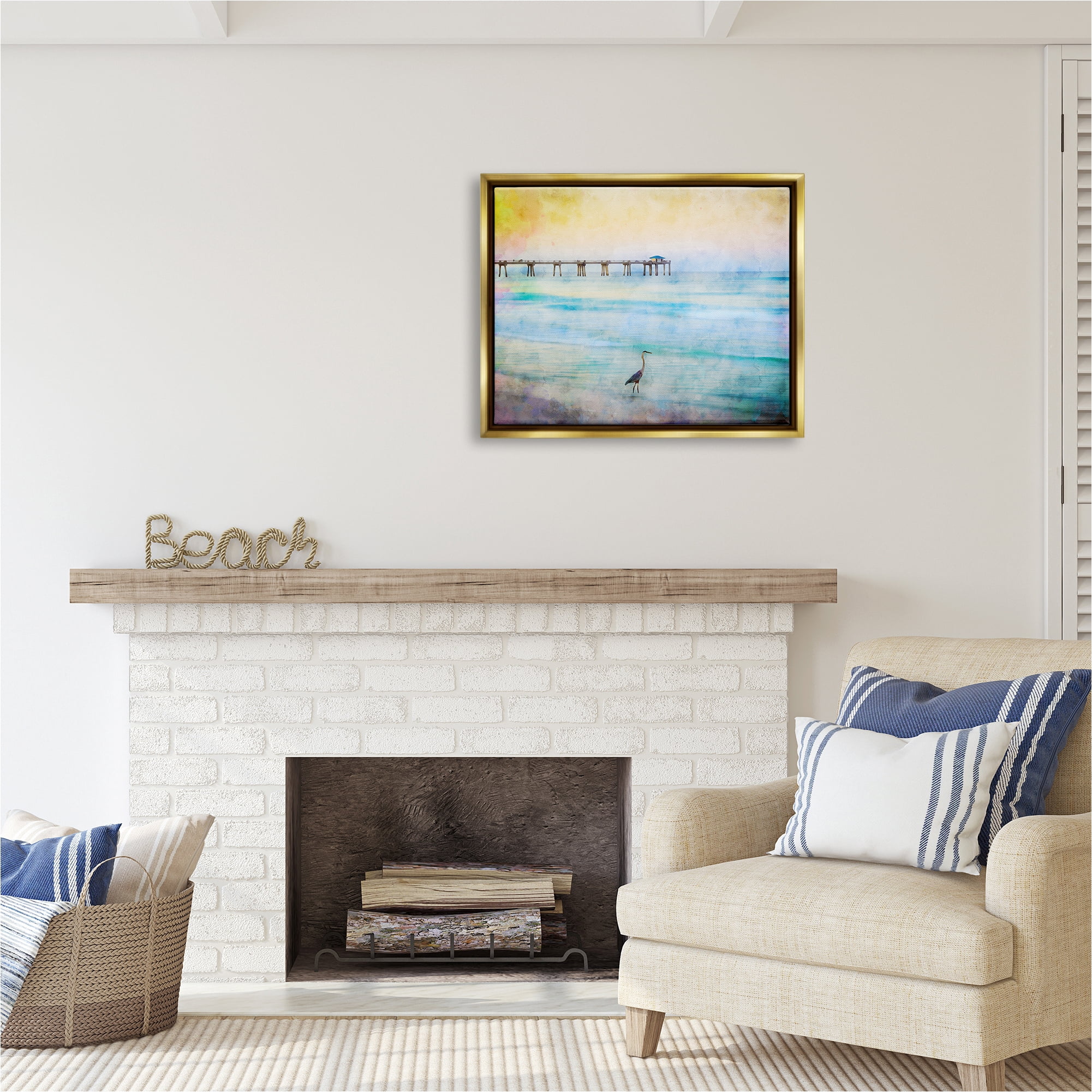Stupell Industries Abstract Heron on Shore Animals & Insects Painting Gold Floater Framed Canvas Art Print Wall Art, 31 x 25