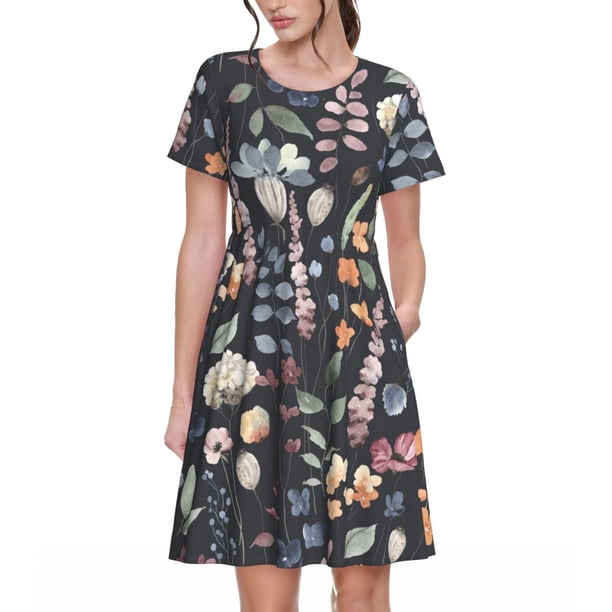 Easygdp Wildflower Watercolor 1 para Vestido Transpirable de Mujer, Vestido Suelto de Manga Corta con Pliegues y Bolsillos para el Verano