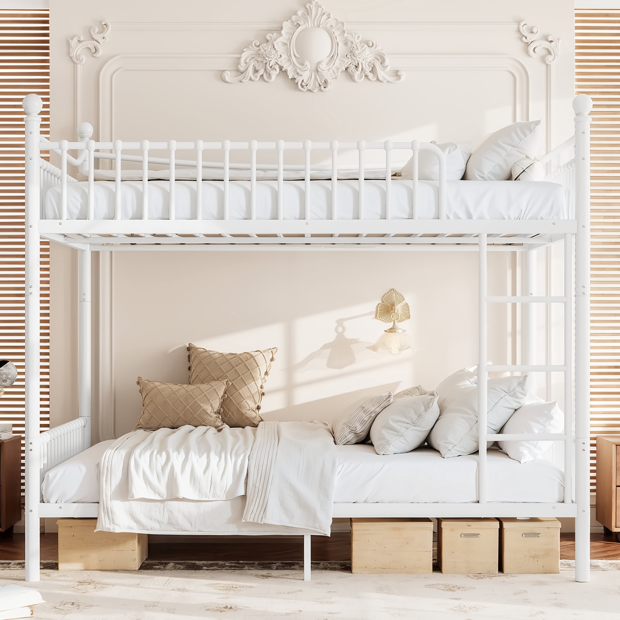 Leumius Queen over Queen Metal Bunk Bed with Unique Curved Guardrail Design, Round Tube Bunk Bed Frame, Metal Bunk Bed Frame for Kids Teens Adults White