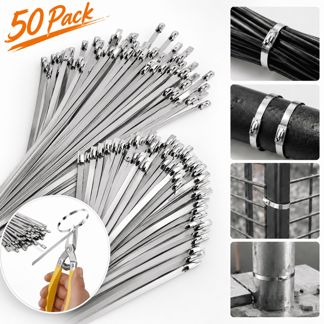 Heavy Duty Metal Zip Ties (With Tie Cutter) Uv Resistant Stainless Steel Zip Ties, 11.8 Inch 50 Pieces, Self-Locking Zip Ties, Suitable For Fixing Fences, Pipes, Etc. Outdoor.