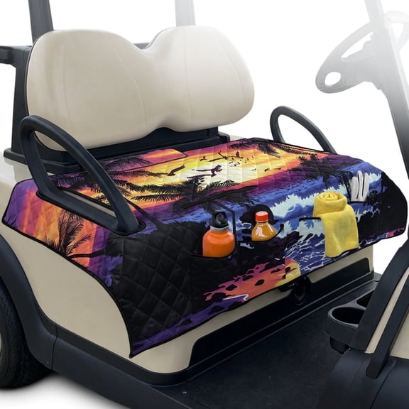 Pzuqiu Ocean Sunset Beach Golf Cart Seat Cover with 4 Pockets Golf Cart Seat Covers, Easy to Clean With Pockets Quilted Golf Cart Seat Covers