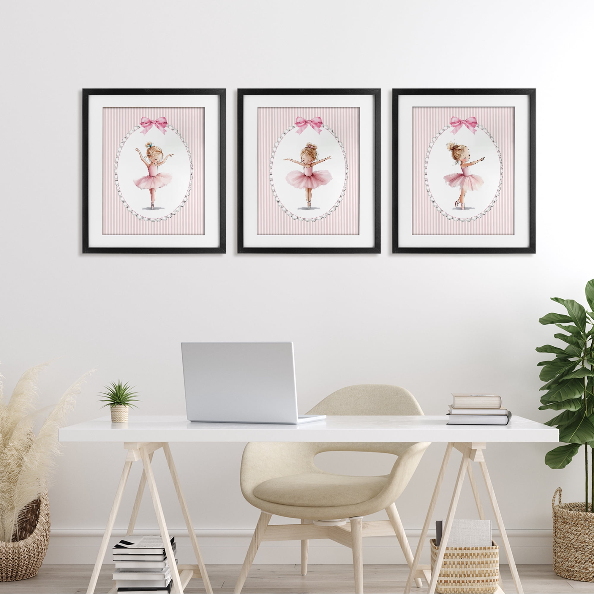 Stupell Industries Dancing Ballerinas in Pink 3 Piece Black Framed Print Under Glass Set, design by Christine Simpson Art