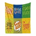 thumbnail image 1 of Going Away Party Soft Flannel Fleece Blanket, Lucky Phrase Text Farewell Comic Book Pop Artwork Retro Typography Print, Cozy Plush for Indoor and Outdoor Use, 50" x 60", Multicolor, by Ambesonne, 1 of 6
