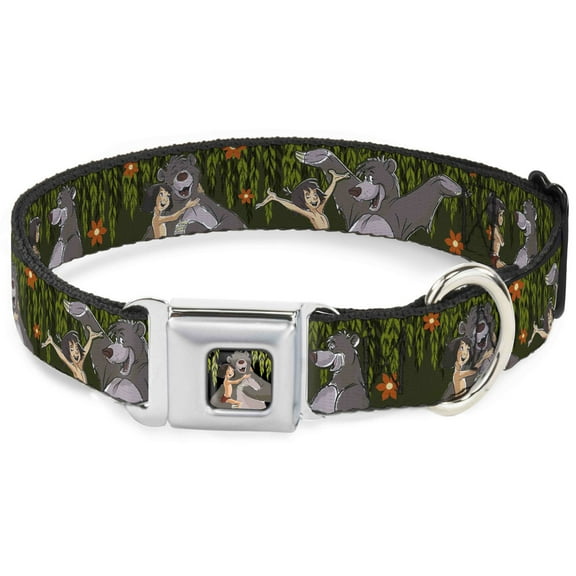 Disney Pet Collar, Dog Collar Metal Seatbelt Buckle, Mowgli Baloo Poses Leaves Flowers Greens Orange, 15 to 24 Inches 1.0 Inch Wide