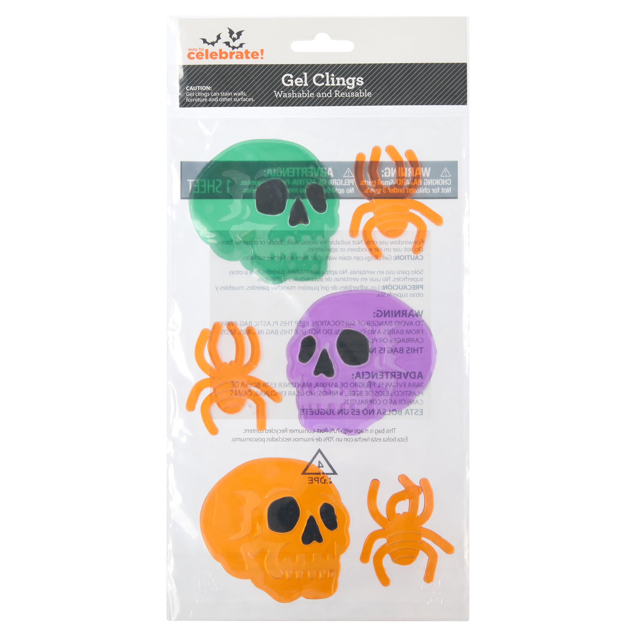 Skulls and Spiders Gel Clings, Multicolor, 5.5" x 12.1", Halloween by Way To Celebrate