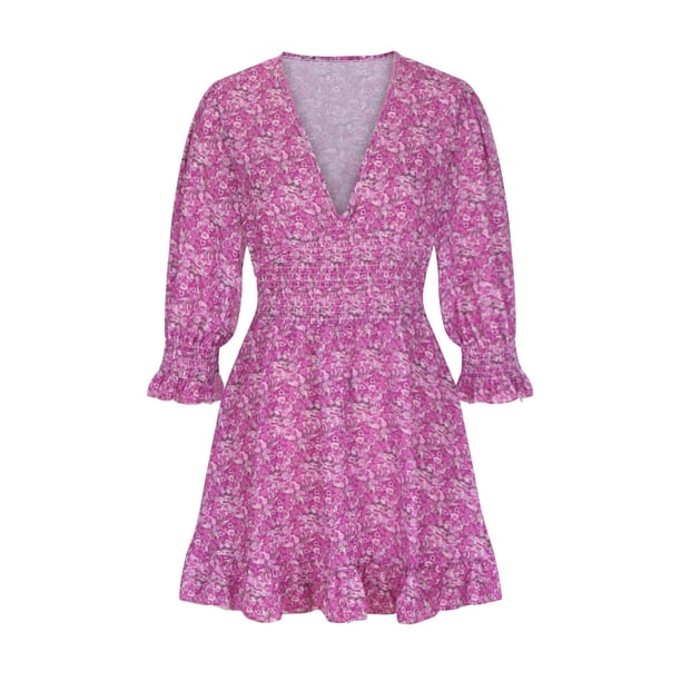 Patlollav 95% Polyester 5% Spandex Dresses for Women Casual V-Neck Froral Print 3/4 Sleeve Mini Dress Patlollav 95% Polyester 5% Spandex Dresses for Women Casual V-Neck Froral Print 3/4 Sleeve Mini Dress