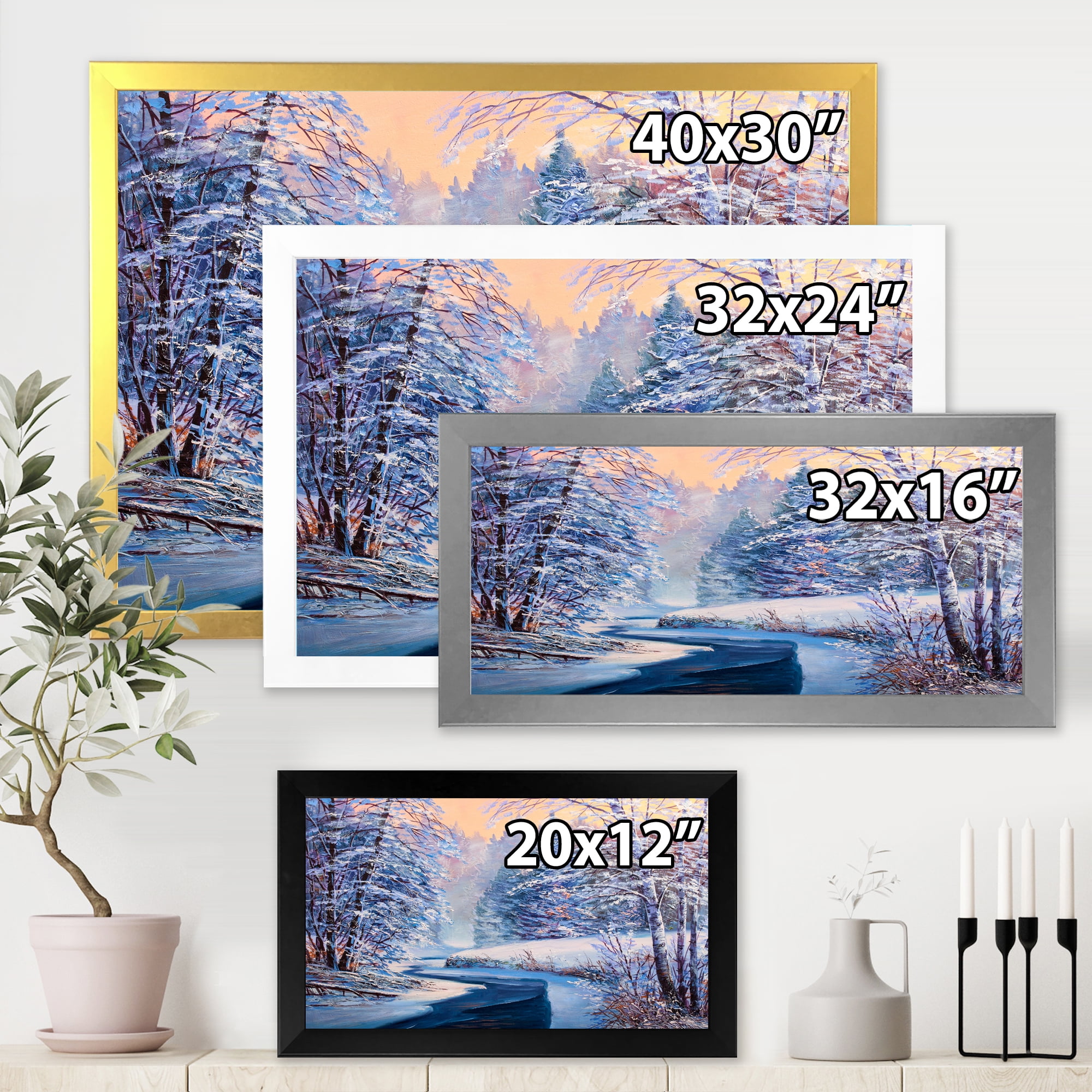 Designart 'Pastel Winter Forest With River' Lake House Framed Art Print