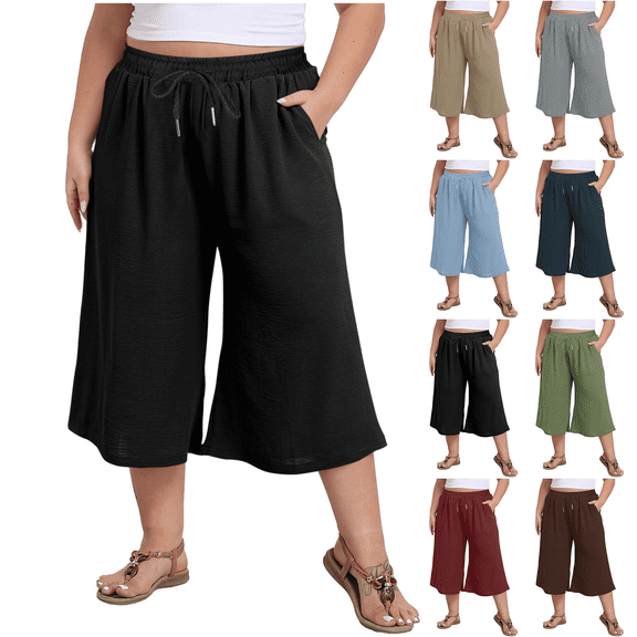 Plus Size Women's Casual Baggy High Waisted Wide Leg Pants Breathable