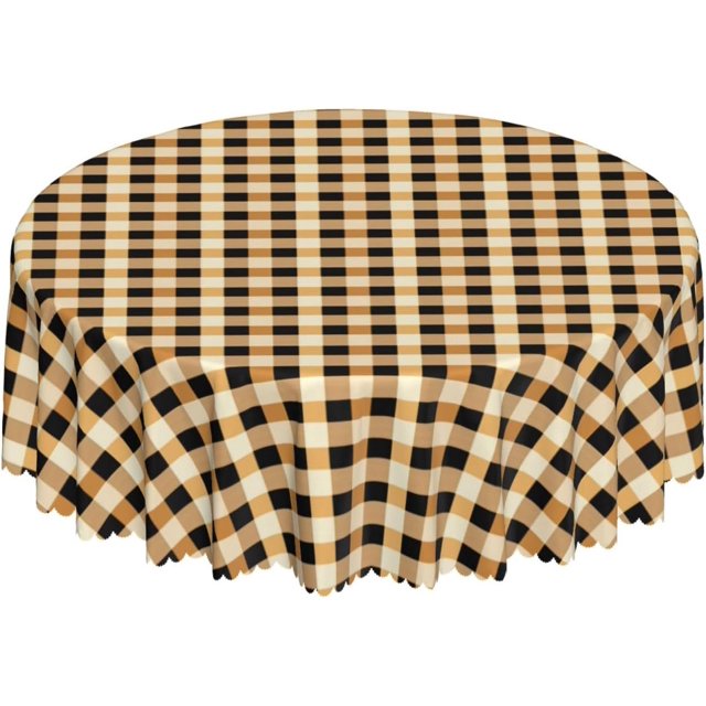 Round Tablecloth with Wave Lace 60 Inch, Autumn Gold Gingham Round Tablecloths Wipeable Washable Tabletop Covers Farmhouse Tablecloth for Kitchen Dinning Tabletop Outdoor