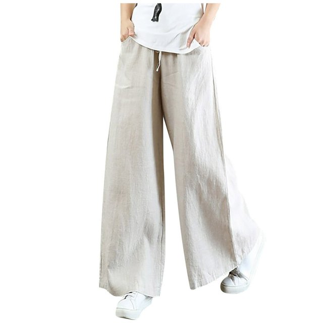 Women‘s Spring Summer Solid Color Elastic Waist Cotton Linen Versatile Straight Tube Casual Wide Leg Pants