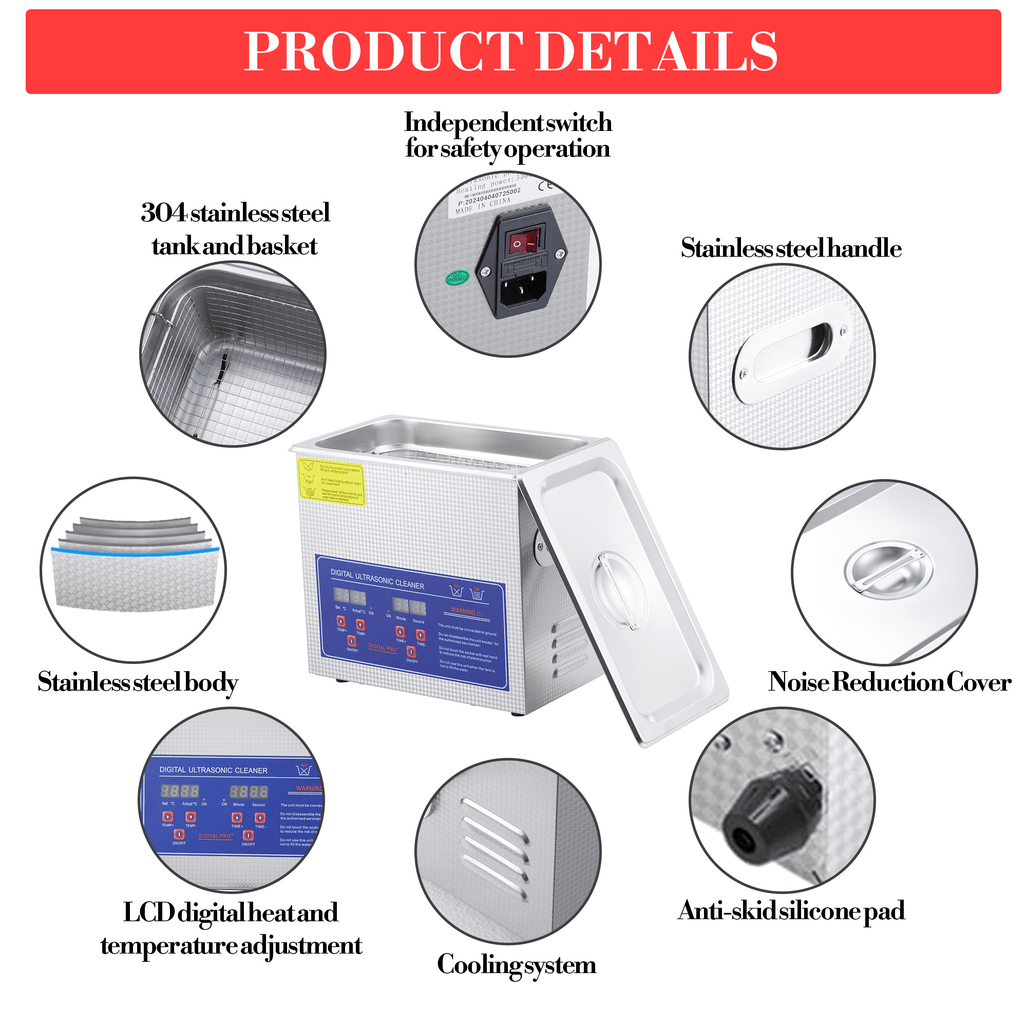 Kojooin 3l Digital Ultrasonic Cleaner with Heating Function | 40khz & 120w Cleaning System | Timer Control, Suitable for Jewelry, Eyeglasses, and Watches