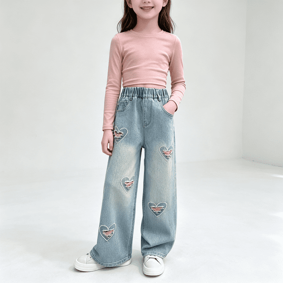 NEBWOAK Girls Heart Embroidered Jeans, Cute Applique Denim Pants, Size 9-10 Years