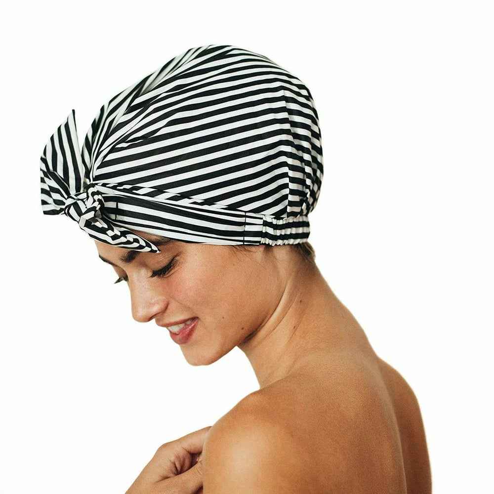 Kitsch Luxury Shower Cap For Women Waterproof Reusable Shower Caps Black And White Stripe