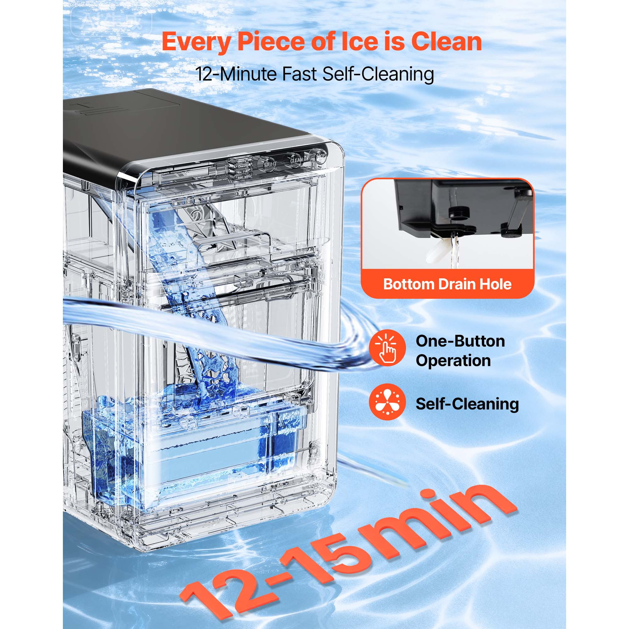 KFFKFF Countertop Ice Maker, 44 lbs Daily Capacity, Self-Cleaning Portable Machine with Scoop, Drawer-Style Access, Nugget Ice Maker for Home, Kitchen, Office, Bar & Gatherings