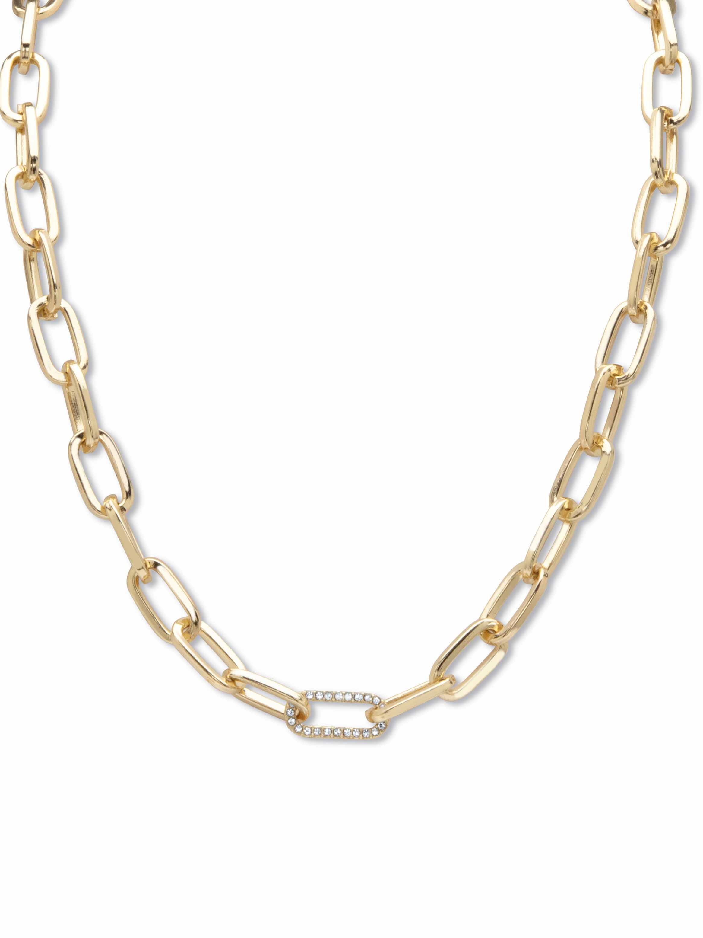 White Round Pave' Crystal Paperclip Chain Link Necklace Goldtone 18'- 20' Length