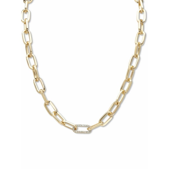 PalmBeach Jewelry White Round Pave' Crystal Paperclip Chain Link Necklace Goldtone 18"- 20" Length