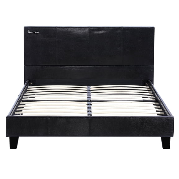 Zimtown Faux Leather Upholstered Twin Size Modern Platform Bed Frame Mattress Support with Wood Slats, Metal Frame, Headboard, Footboard, Black