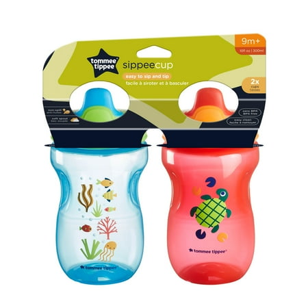 Tommee Tippee Sippy Cup, Water Bottle for Toddlers, 9 months+, 10oz, Spill-Proof, Bite-Resistant Spout, BPA Free, 2 Pack, Blue and Red