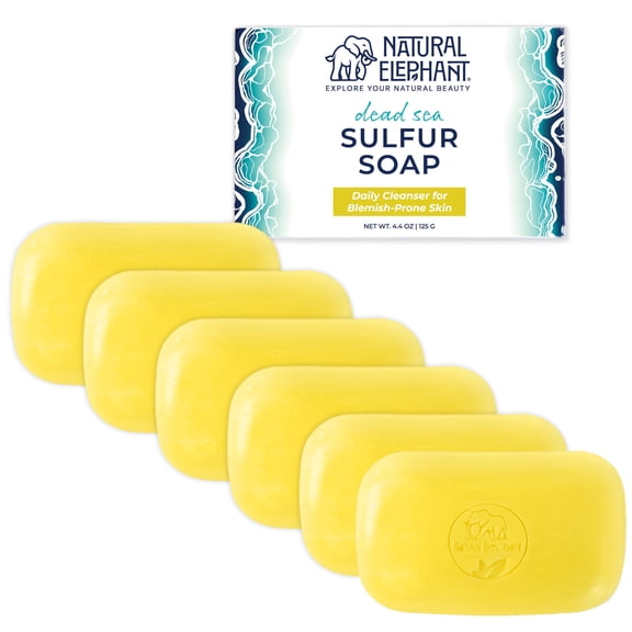 Natural Elephant Dead Sea Sulfur Soap 4.4 oz with Dead Sea Salt, Aloe Vera, Sulphur Face and Body Cleanser Bar for All Skin Types (6 Pack (26.4 oz Total))