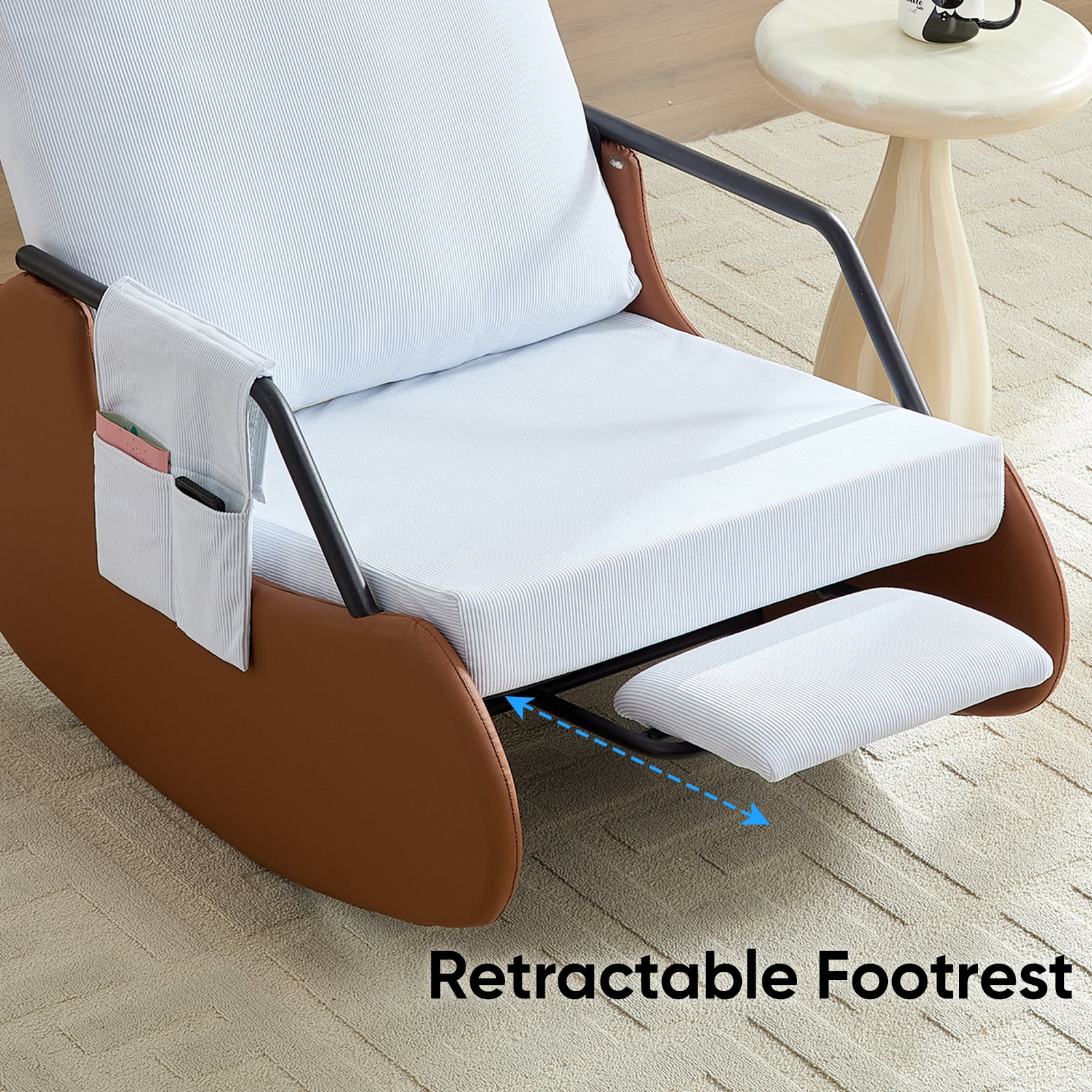 BALUS Rocking Chair, Corduroy Nursery Recliner with Adjustable Backrest & Footrest, Side Pockets, Modern Living Room Seating Space-Saving Design, Beige