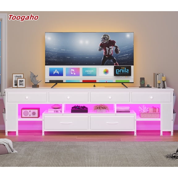 Toogaho 63" TV Stand with 6 Drawers & 4 Side Storage Bags & Shelves,for 65/70/75 Inch TV, Entertainment Center with Led Light and Power Outlets,White
