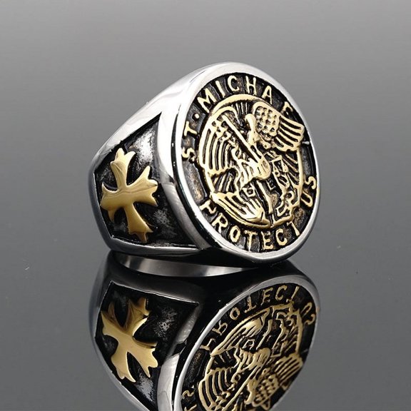 Mens 14K White Gold Catholic Archangel St Saint Michael Ring Size 7-15