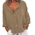 thumbnail image 2 of BOOMILK Womens Linen Shirts Solid Color Long Sleeve Button Down Shirt Dressy Casual Blouses Oversized Tunic Tops Khaki, 2 of 9
