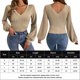 thumbnail image 2 of Haut Moulant Camisa de otoño para mujer Top Color sólido Slim Fit Puff Manga plisada Traje de vacaciones Cgtredaw Caqui S para Mujer, 2 of 7