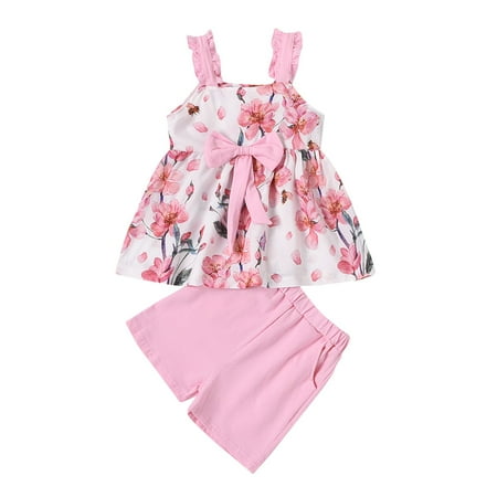 

Rovga Toddler Girls Clothing Baby Kids Girls Sleeveless Bow Flower Print Backless Tops+Shorts Set Outfit