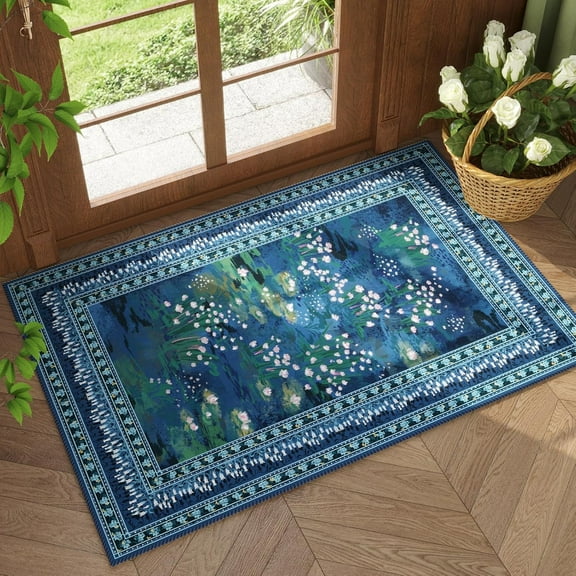 2x3 Rug Impressionist-Style Vintage Indoor Door Mat Machine Washable Small Area Rug Non-Slip Low Pile Throw Rugs for Entryway Kitchen Front Door Indoor Entrance Entry Kids Room, Blue