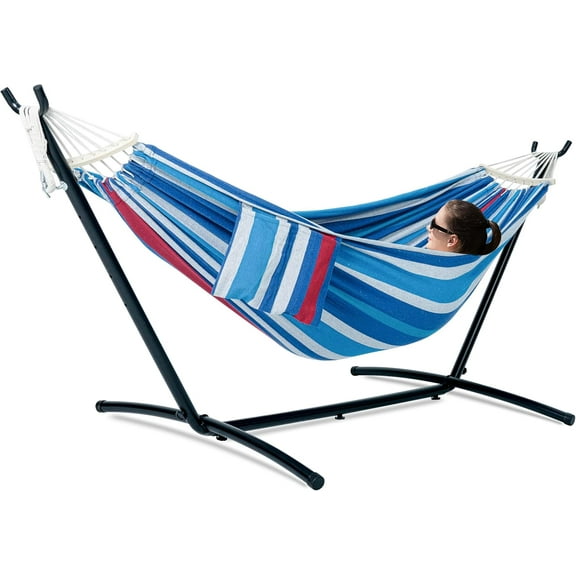 Double Hammock with Stand for Outside, Upgraded Spreader Bar, Heavy Duty Space Saving Steel Stand 2 Person, Convenient Pocket, Easy Assembly, 600lbs Weight Capacity, Indoor & Outdoor (Rider)