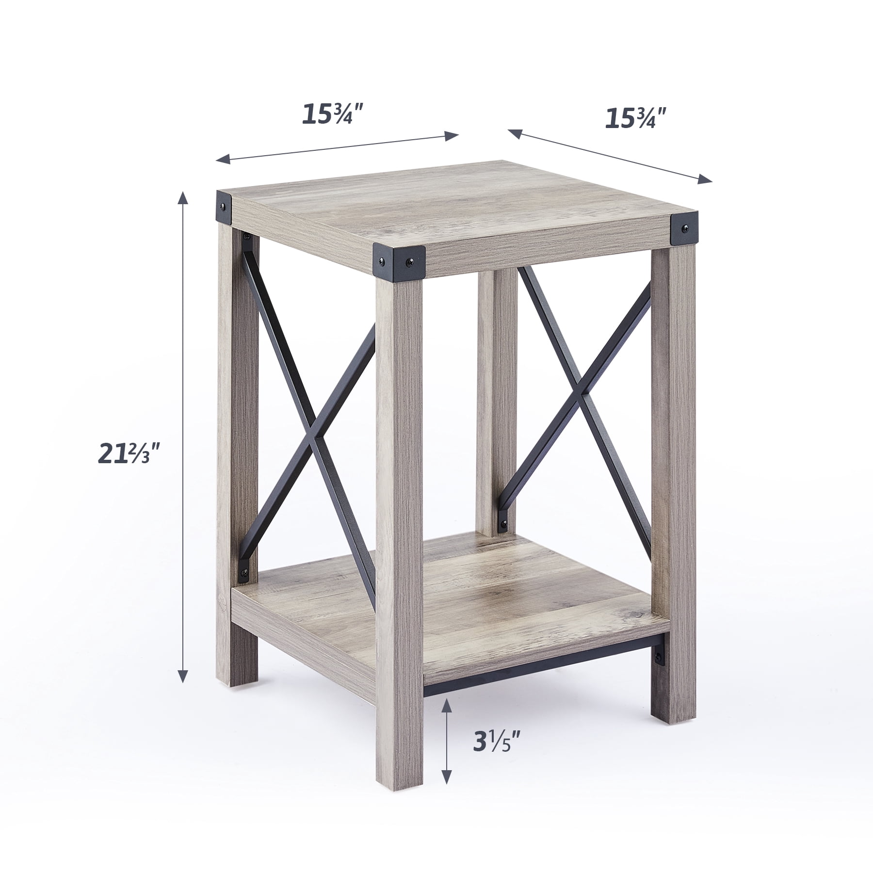Bestco Side Table 16" Farmhouse End Table Nightstand w Shelf & Metal Frames, Driftwood