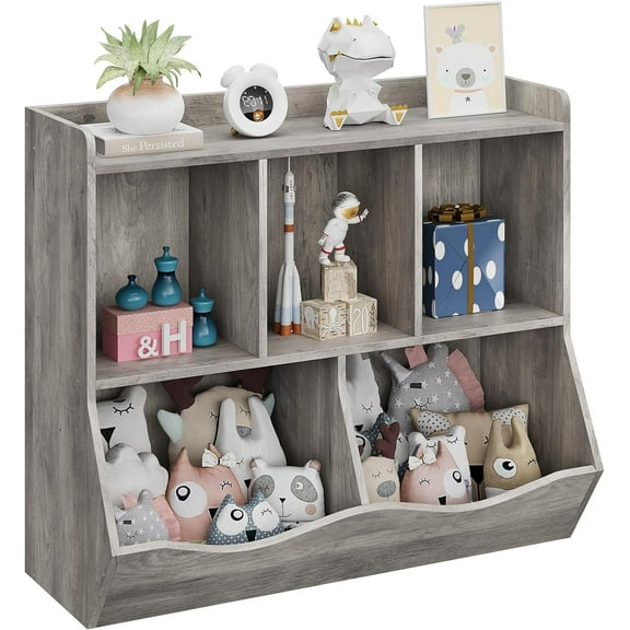 Jojoka Kids Bookshelf and Toy Storage Organizer, Children's Cubby Bookcase Toy Chest with 5 Storage Cubbies for Small Space, Playroom, Bedroom, Living Room, Grey