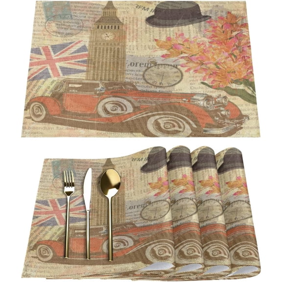 Vintage London Placemats Set of 4 Rectangle Table Mats Washable Heat-Resistant Place Mat for Kitchen Dining Table Decor Indoor Outdoor